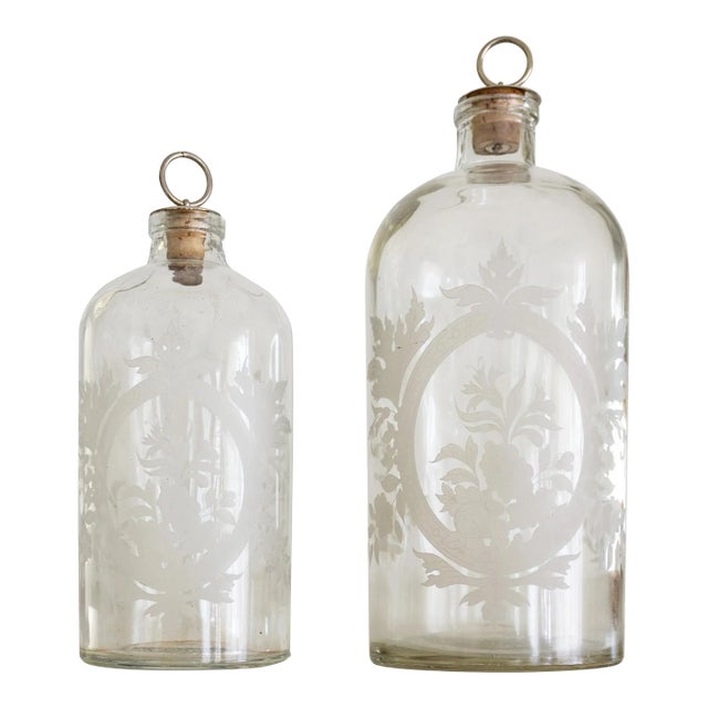 Clear Etched Glass Victorian Apothecary Decanters With Silver Topped Corks For Sale