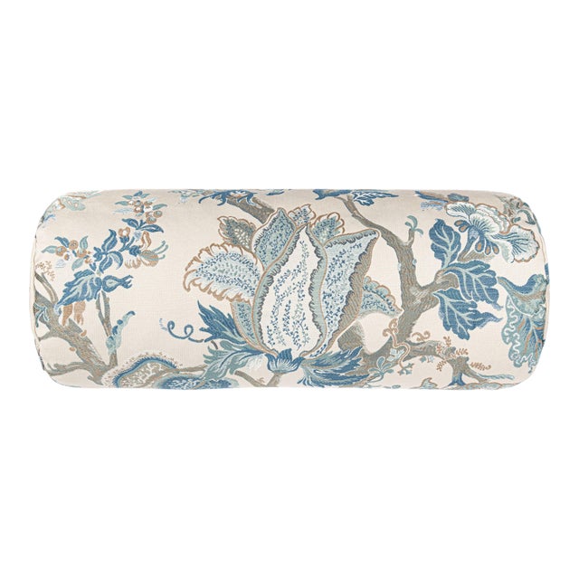 Scalamandre 21" x 7" Indienne Lampas Bolster Pillow in Federal Blue For Sale