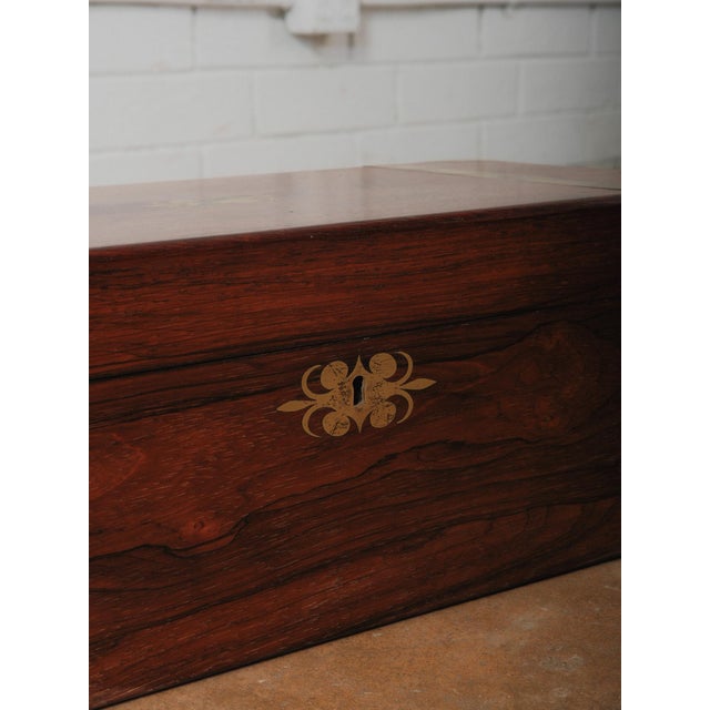 Vintage Brass Bound Campaign Writing Slope Lap Desk With Velvet Interior Storage Compartments Folding Travel Writing Box For Sale In Greensboro - Image 6 of 14