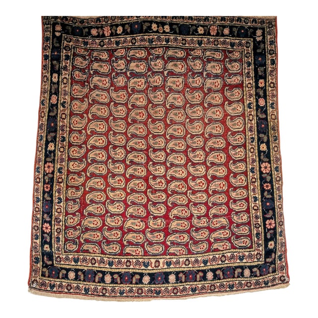 Vintage Persian Malayer Area Rug, Hand-Knotted Wool, Allover Paisley Pattern, Red & Navy, 3x3 For Sale