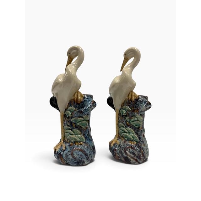 Chinoiserie Early 20th Century Chinese Export Majolica Style Crane Spill Vases - A Pair For Sale - Image 3 of 7