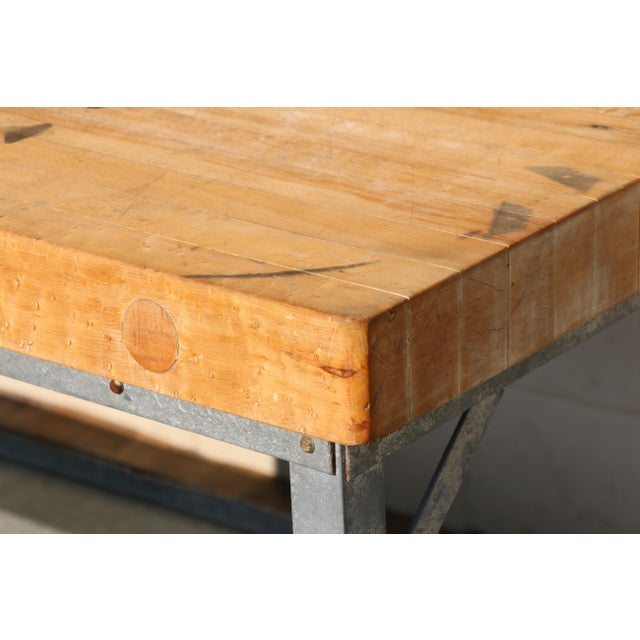 1950s Industrial Butcher Block Workstation Table With Steel Frame, Drawer & Removable Galvanized Trays For Sale In Los Angeles - Image 6 of 18