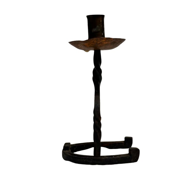 Spanish Revival Vintage Hand-Forged Wrought Iron Horseshoe Candlestick For Sale - Image 3 of 6