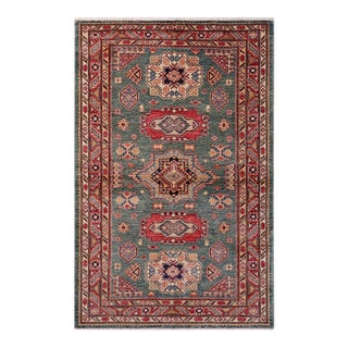 Southwestern Super Kazak Green/Red Wool Rug - 4'2'' X 5'11'' For Sale
