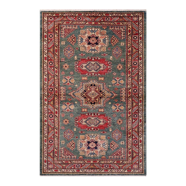 Southwestern Super Kazak Green/Red Wool Rug - 4'2'' X 5'11'' For Sale