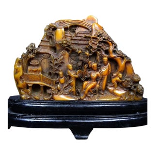 Vintage Carved Soapstone Mountain Scene – 9.1" Figural Landscape Sculpture For Sale