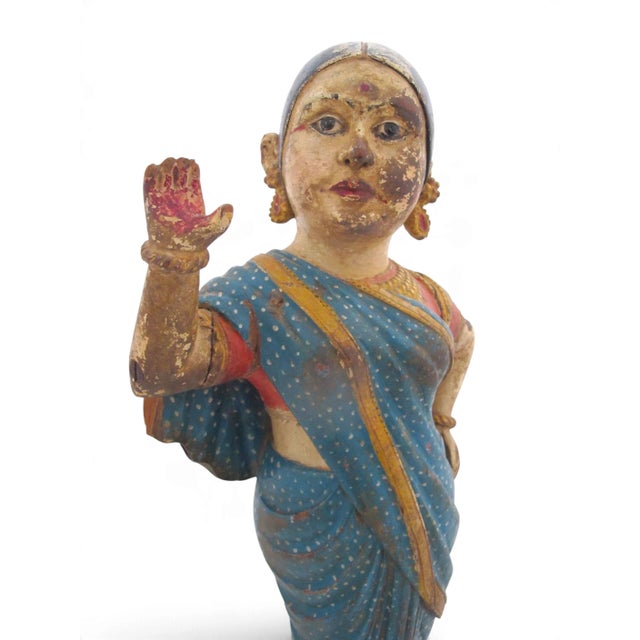 Blue Indian Hindu Female Attendant Abhaya Mudra Carved Wood Folk Art Statue For Sale - Image 8 of 12
