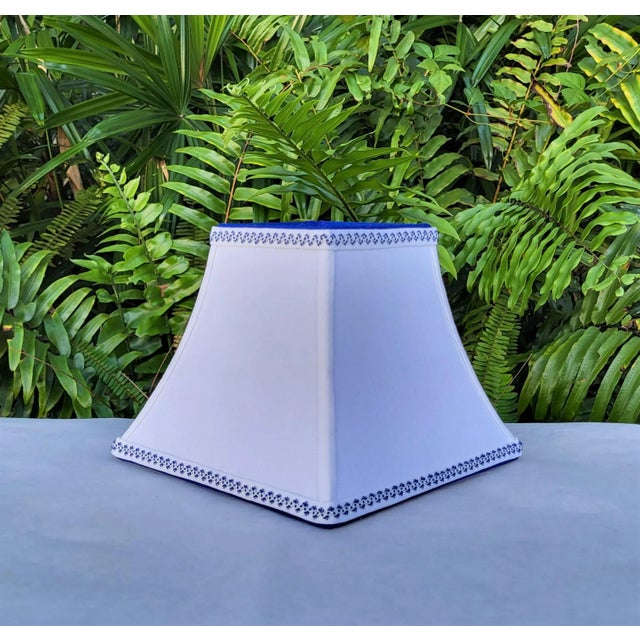 Not Yet Made - Made To Order Contemporary Small White Linen Lampshade Clip on Blue Trim Square Bell For Sale - Image 5 of 13