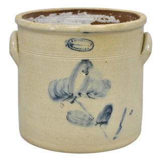 Antique a.e. Smith & Sons Cobalt Blue Painted Flower 3 Gallon Stoneware Crock For Sale
