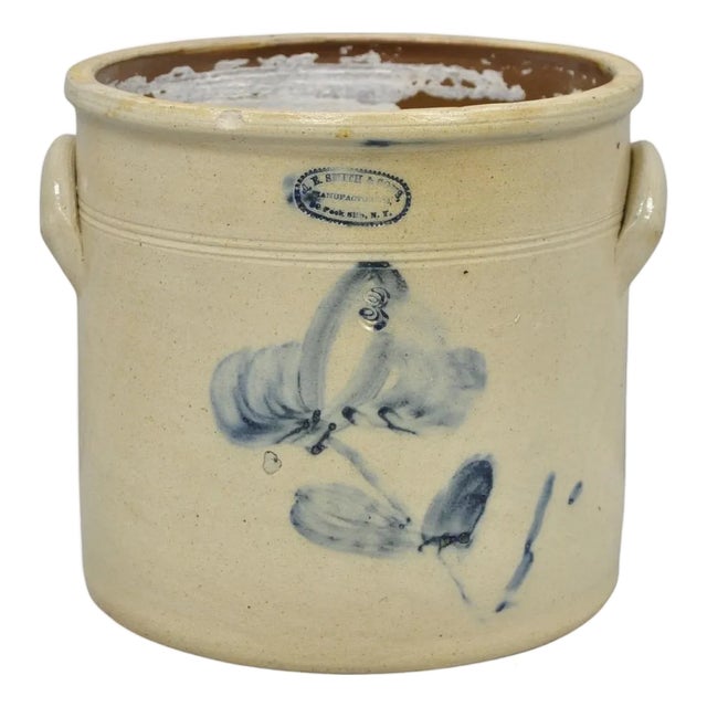 Antique a.e. Smith & Sons Cobalt Blue Painted Flower 3 Gallon Stoneware Crock For Sale
