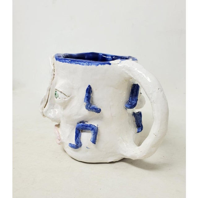 2010s Handcrafted Decorative Mug - Faces on 2 Sides - Blue Eyes and Green Eyes - Ooak For Sale - Image 4 of 18