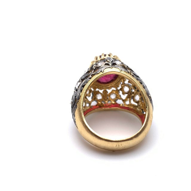 Black Gold Rubellite Tourmaline and Diamond Florentine Ring Size 6.5 For Sale - Image 4 of 9