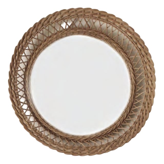 Mid-Century Modern French Round Rattan Mirror, 1950s For Sale