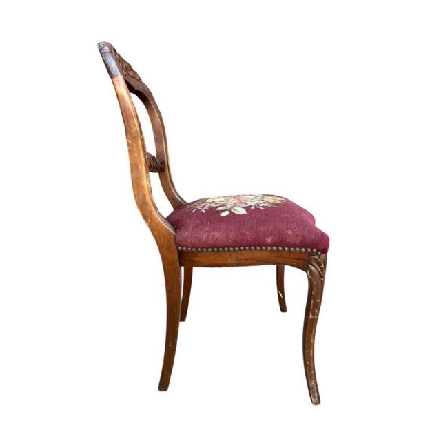 Vintage French Provincial/Country French dining chairs, Beautifully upholstered seats, carved fruit-and-scroll crest rails...