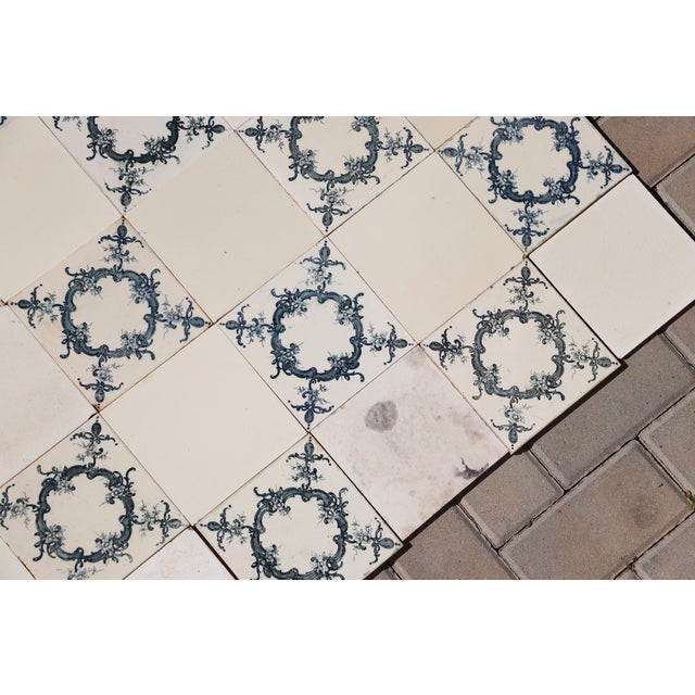 White 1920s Portuguese Antique Large Art Deco Floral & Plain White Tiles Set of 60 For Sale - Image 8 of 14