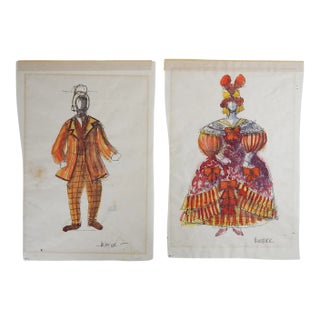 Vintage Mid 20th Century Theater Costume Design Paintings - a Pair For Sale