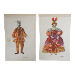 Vintage Mid 20th Century Theater Costume Design Paintings - a Pair