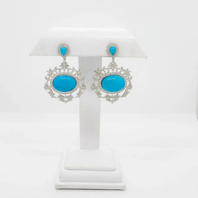 Metal Turquoise and White Diamond Dangle Earrings in 18k White Gold - A Pair For Sale - Image 7 of 7