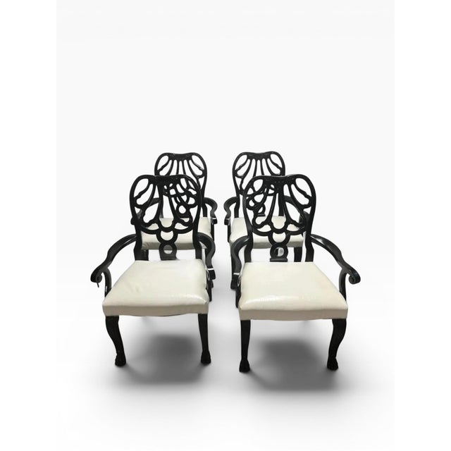 Set of 4 Ralph Lauren Black Armchairs With Genuine Leather Faux Alligator Seats For Sale - Image 9 of 11