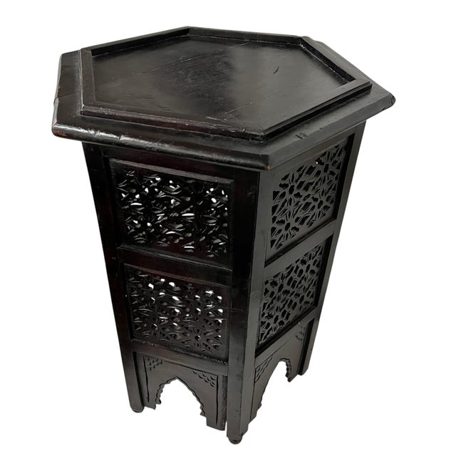 Vintage Anglo Indian Hexagon Hand Carved Drink Table For Sale - Image 4 of 6