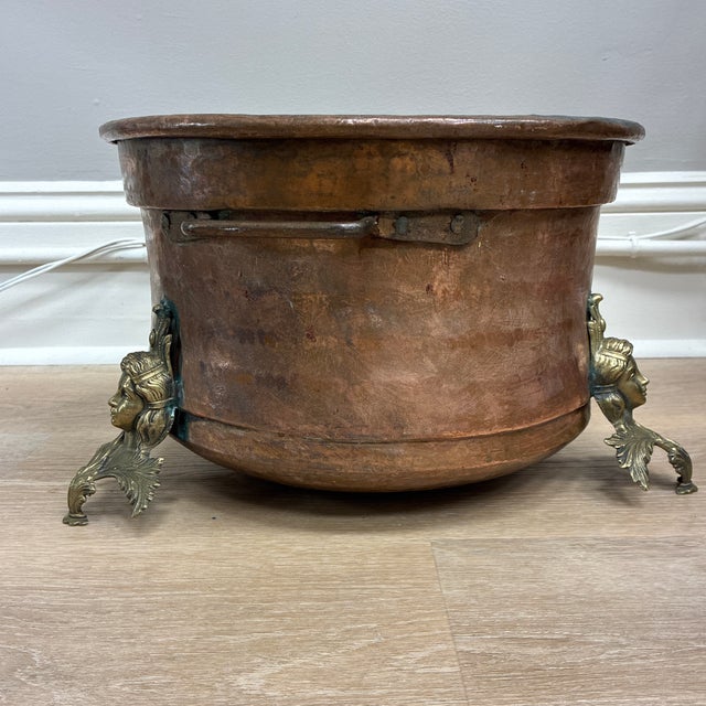 Neoclassical Rare Antique Copper Planter Cauldron Jardiniere With Brass Caryatids Lady Face Goddess Detail For Sale - Image 3 of 6