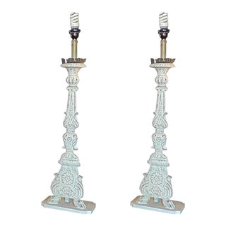 19th Century Italian Hand-Painted Wood and Tin Church Candlestick Lamps - a Pair For Sale