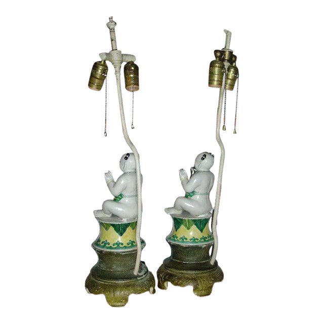 19th Century Chinese Kangxi Porcelain Ho Ho Boys in Famille Vert Glaze as Lamps - a Pair For Sale