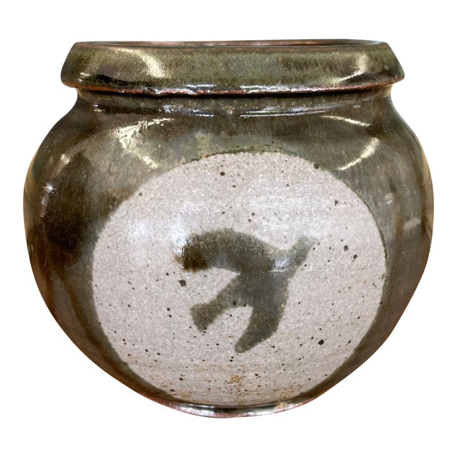 Vintage Studio Pottery Jar With Glazed Bird Silhouette and Earthy Green Finish For Sale