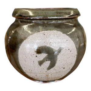 Vintage Studio Pottery Jar With Glazed Bird Silhouette and Earthy Green Finish
