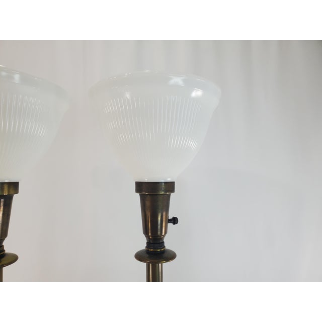 Mid 20th Century Vintage Stiffel Torchiere Table Lamps Brass Wood - Rare Neoclassical Design - a Pair For Sale - Image 5 of 13