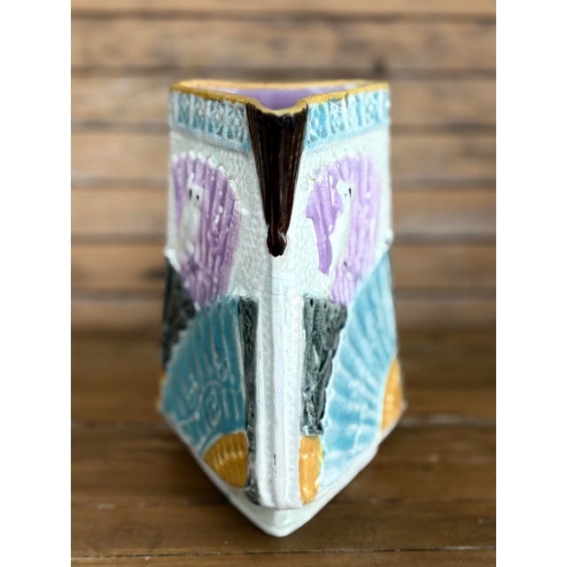 Joseph Holdcroft Antique Victorian Majolica Triangular Pitcher With Birds & Bamboo Handle — Aesthetic Movement, C. 1880s For Sale - Image 4 of 11