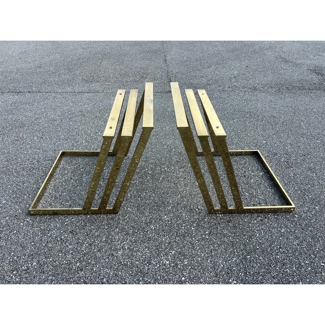 1980s Pair Brass Polished Flat Metal and Etched Striped Glass Top Coffee Table, For Sale In West Palm - Image 6 of 7