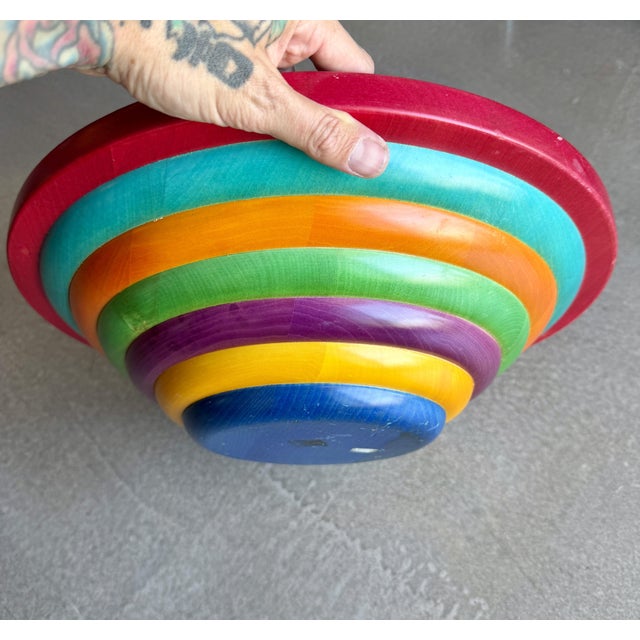 1980s Postmodern Pietro Manzoni for Vietri Rainbow Wooden Centerpiece Bowl 1980s Memphis Era For Sale - Image 5 of 12
