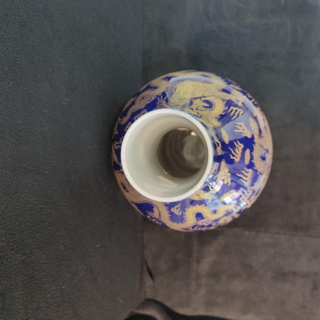 Early 20th Century Chinese Ceramic Vase,Kangxi Marked Blue Ground Gold Drawing Porcelain Tianqiu Vase Hand Painted Dragon Pattern For Sale - Image 5 of 13
