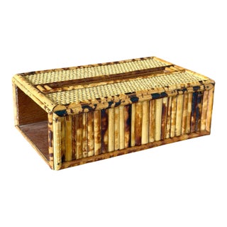Vintage Tortoiseshell Bamboo & Woven Rattan Tissue Box Cover For Sale