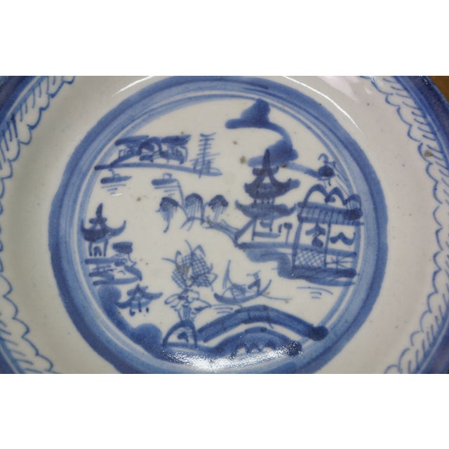 Antique Chinese Export Canton Blue White Pagoda Landscape Bread Plates 7" - 10 pcs For Sale - Image 9 of 10