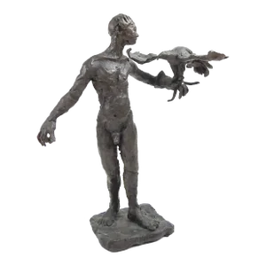 Late 20th Century Bronze Nude With Hawk Sculpture