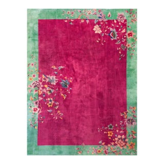 1920s Pink Floral Antique Chinese Art Deco Rug 8'9" X 11'8" Handknotted Wool Carpet For Sale