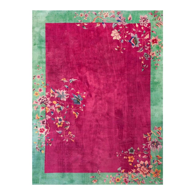 1920s Pink Floral Antique Chinese Art Deco Rug 8'9" X 11'8" Handknotted Wool Carpet For Sale