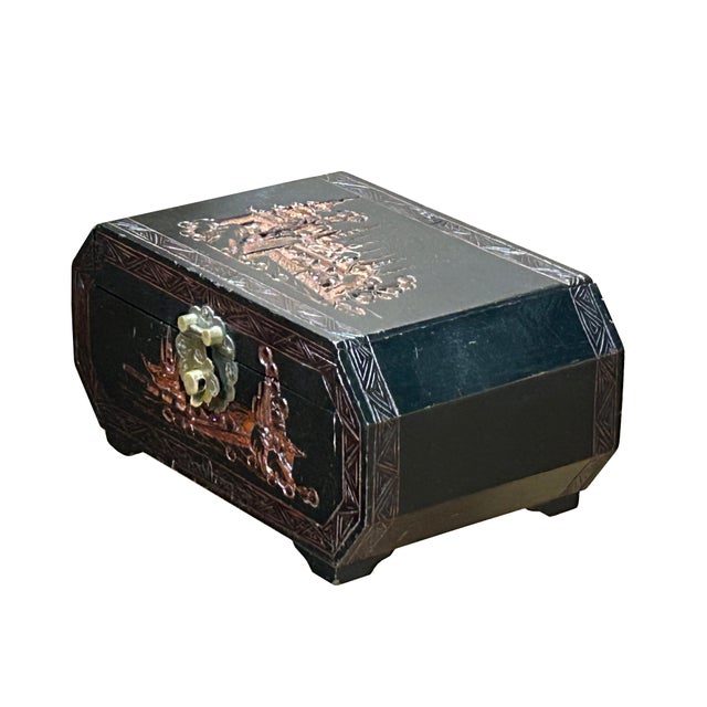 1980s Vintage Asian Black Copper Color Scenery Motif Storage Accent Box For Sale - Image 5 of 12