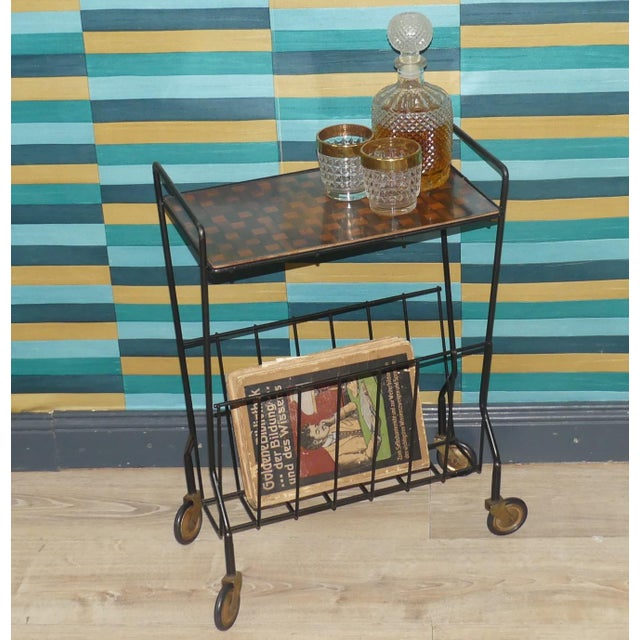 Black Formica String Side Table with Newspaper Rack and Wheels, 1960s For Sale - Image 8 of 10