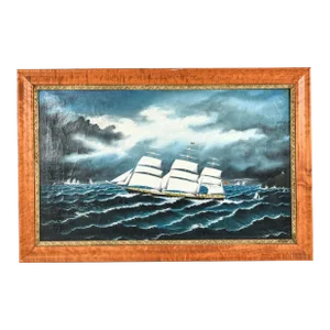 Antique Maritime Oil Painting of Ships With Burl Wood Frame