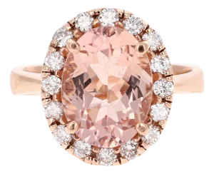 4.89 Carat Morganite Halo Diamond 14 Karat Rose Gold Ring, Size 7.5