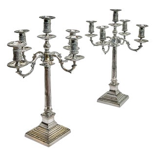 Large Empire Silverplated Brass Five-Arm Candelabras, 1940s, Set of 2 For Sale