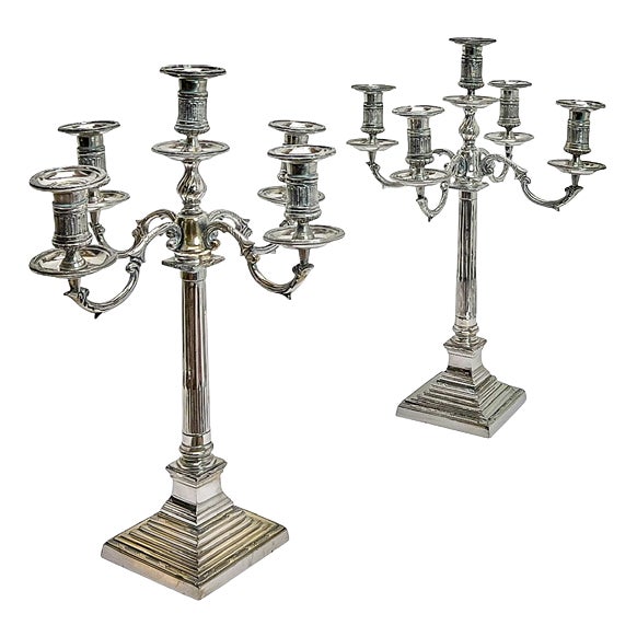 Large Empire Silverplated Brass Five-Arm Candelabras, 1940s, Set of 2 For Sale