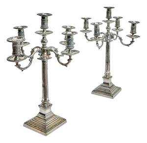 Large Empire Silverplated Brass Five-Arm Candelabras, 1940s, Set of 2