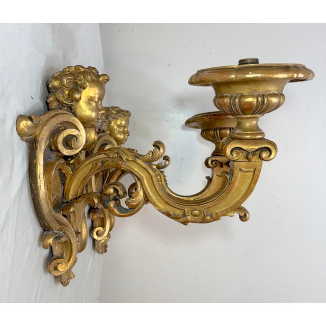 Large Antique Ornate Carved Italian Gilt Wood Cherub Wall Sconce Fixtures - a Pair For Sale In New York - Image 6 of 18