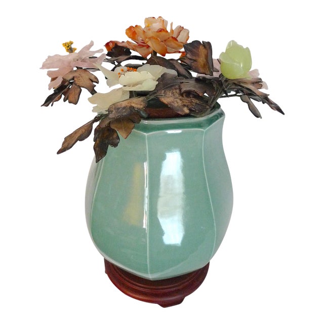 Mid-20th Century Chinese Jade Agate Floral Arrangement and Celadon Porcelain Gu Form Vase For Sale