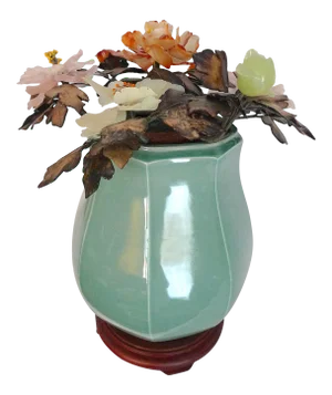Mid-20th Century Chinese Jade Agate Floral Arrangement and Celadon Porcelain Gu Form Vase