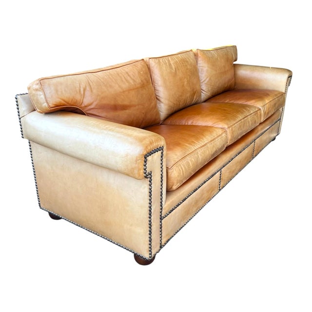 Vintage English Leather Sofa Tan Color Nail Head Trim Feather Down Cushions For Sale - Image 16 of 18